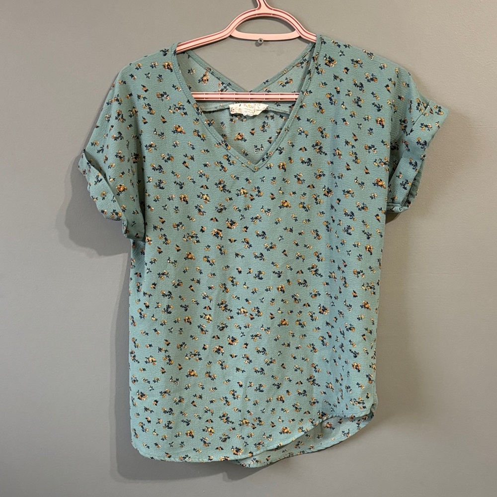 Pink Rose Teal Floral Short Sleeve Top